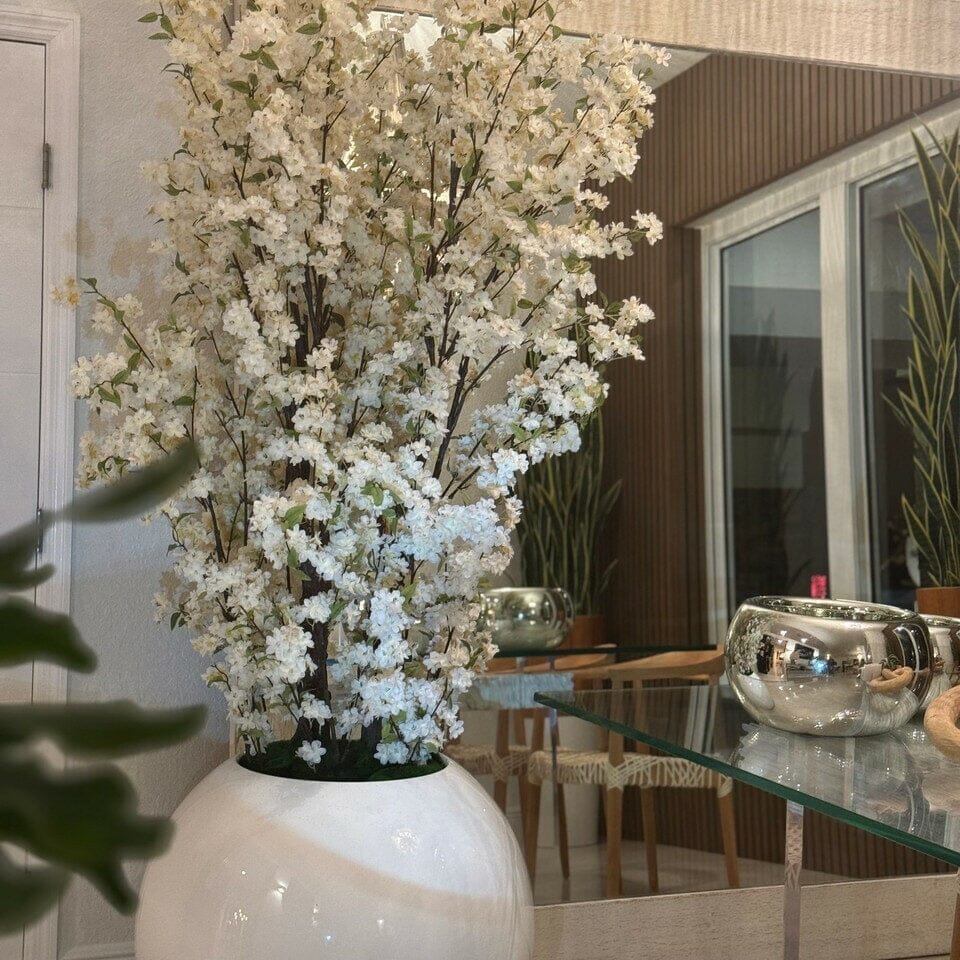 Glossy White Globe Vase with White Cherry Blossom Branches – 185 cm