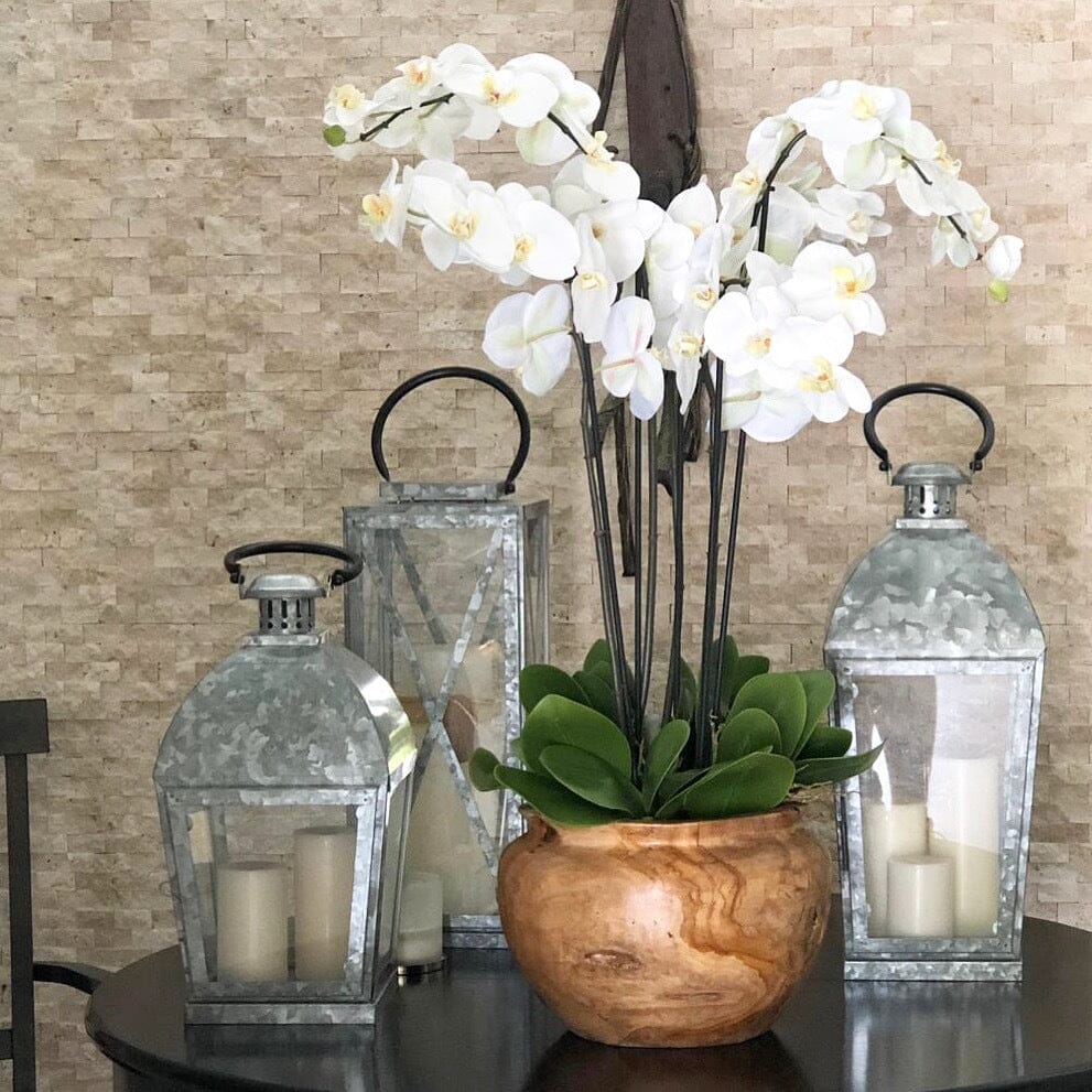 Cuenco grande de madera de teca con orquídeas blancas