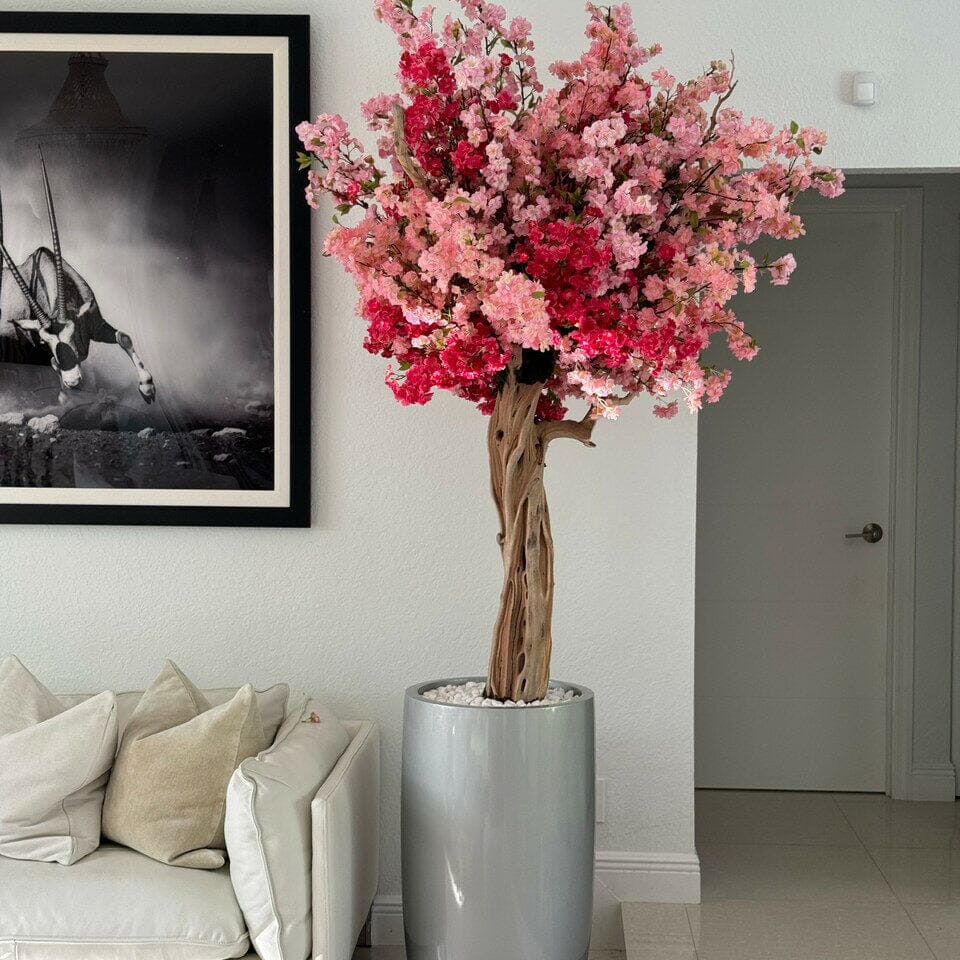 Jarrón Lisboa plateado brillante con flor de cerezo tricolor rosa personalizada