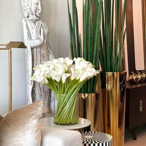 Lirios de cala en cilindro de vidrio