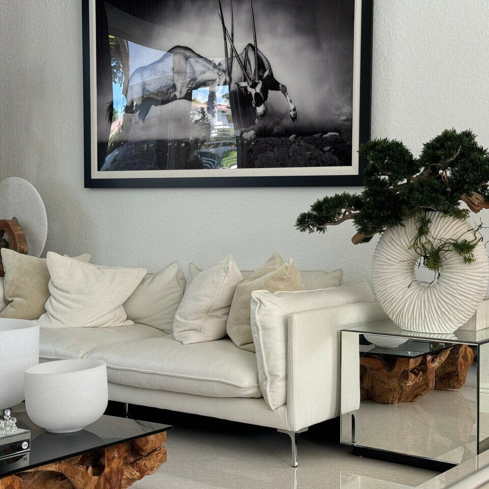 Gran jarrón Eternity con bonsái colgante y madera flotante