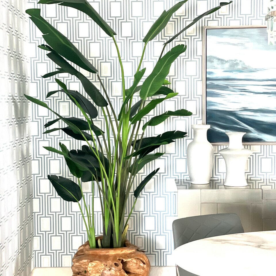 Gran jarrón de madera de teca con magnífica strelitzia (ave del paraíso)